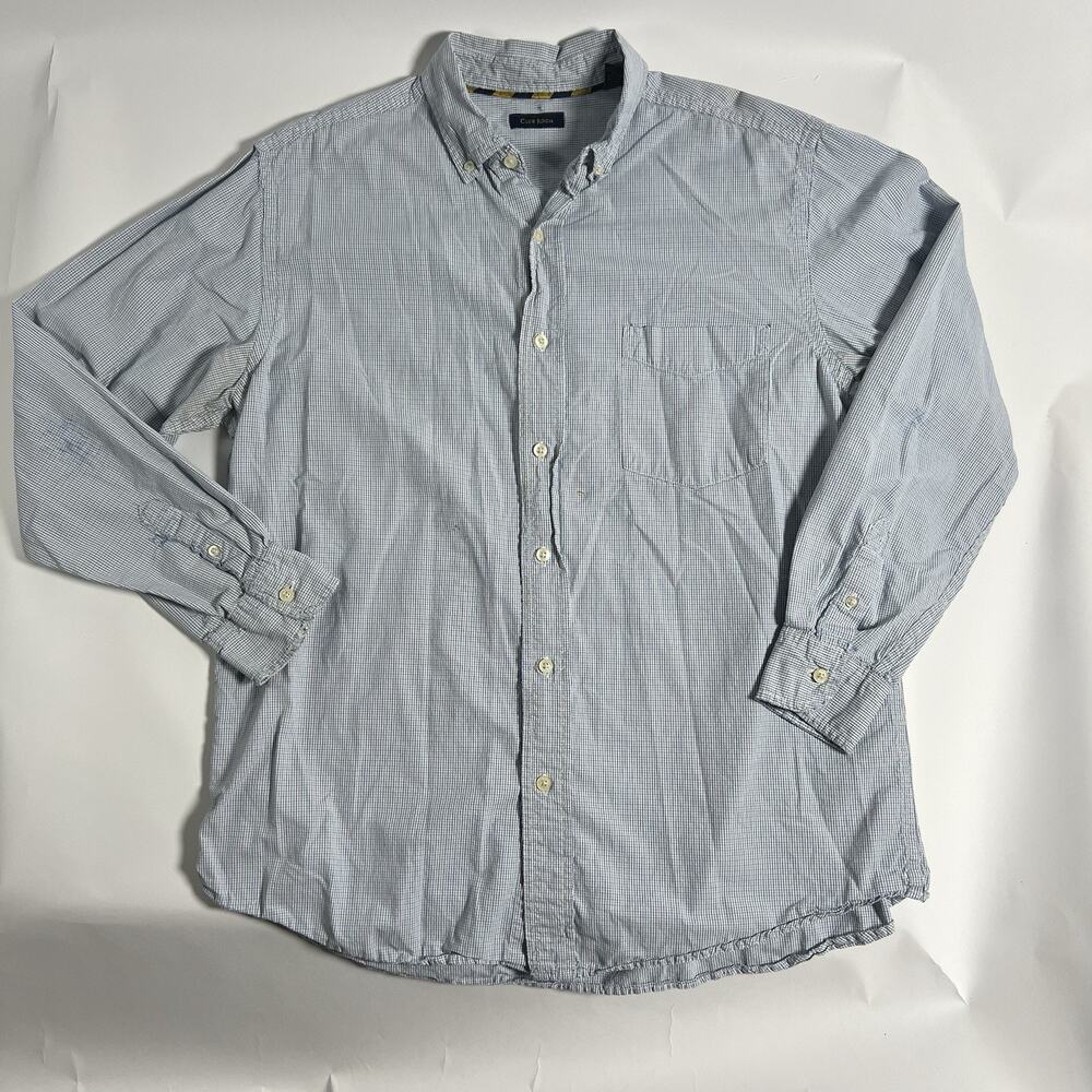 Club Room Men's Blue/White Check Woven Cotton Button-Down Shirt Long Sleeve L